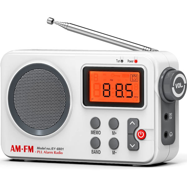 Radio - FM/AM - Mottagare - Med Stor Display - Timerfunktion - Väckarklocka - Transistorradio - Stöder USB - Ström/Batteridrift - Vit