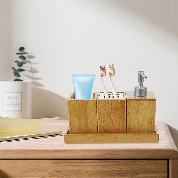 Badrumsset i bambu - Tandborsthållare, Mugg & Tvåldispenser (24,5x9,5x2,5cm)