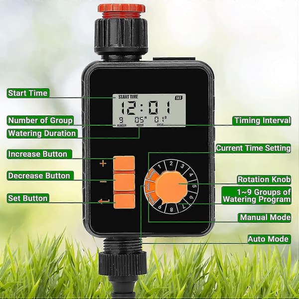 Vattentimer, programmerbar trädgårdsbevattningstimer, gräsmatta kran slang sprinkler timer med stor LCD-skärm, regnvattensensor, auto/manu