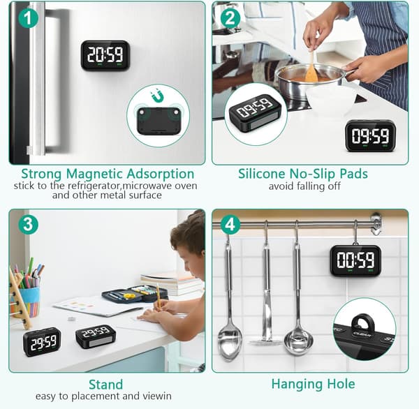 Kökstimer - digital - magnetisk - 3-5 tum - stor LED - digital nedräkning - timer - visuell - kökstimer - kort timer - äggklocka med högt ala