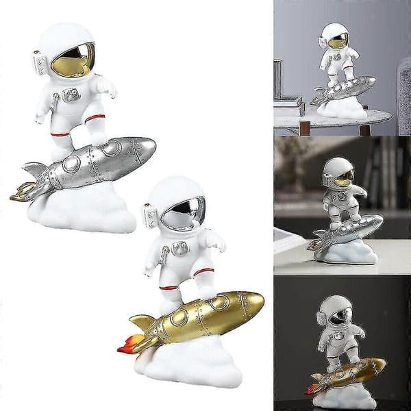 Astronaut På Raket Figurin Heminredning Samlarstaty Skrivbord B