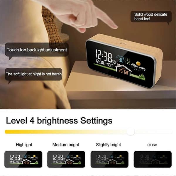 Trådlös väderstation trä väckarklocka digital termometer luftfuktighet temperatur trådlös sensor hem TimeWatch