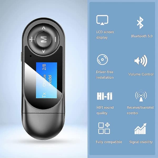 Bluetooth 5.0 Sändare och Mottagare, 2-i-1 Bluetooth o Adapter med Synlig LCD-skärm, Stereosystem