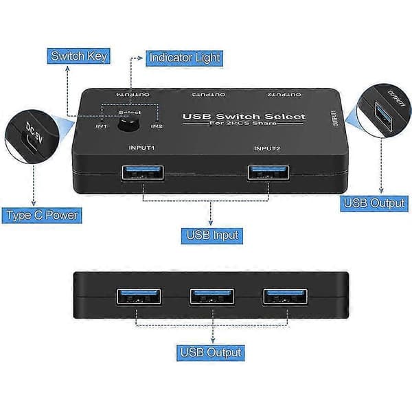 USB-switch 2 datorer delar 4 USB-enheter, USB KVM-switchväljare med enknappsbyte, 4