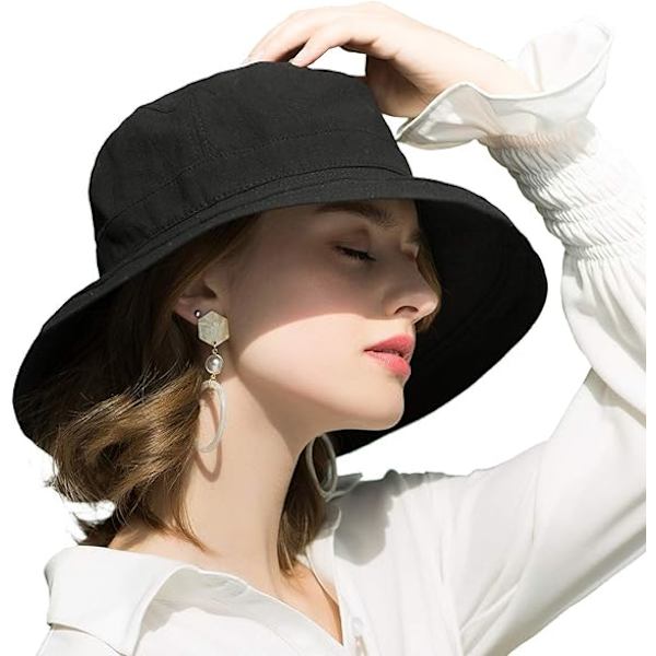 Solhatt - Dam - Bred Brätte - UPF50+ UV-skydd - Packbar - Strandhatt - Sommar - Bucket Hat - Resevänlig - Svart