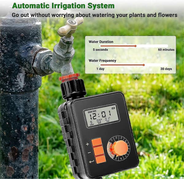 Vattentimer, programmerbar trädgårdsbevattningstimer, gräsmatta kran slang sprinkler timer med stor LCD-skärm, regnvattensensor, auto/manu