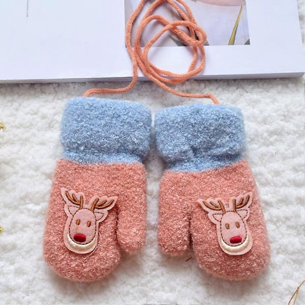 Barn Baby Barn Vinter Tjock Tecknad Älg Hängande Hals Vantar Handskar Rosa