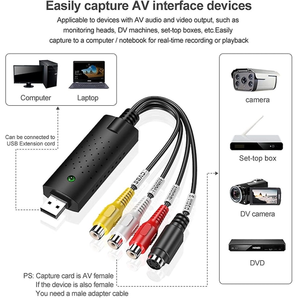 VHS til Digital Konverter, Hi8 VHS til DVD Videooptagerkort, VHS til USB, DVD, USB 2.0 til Windows 10/8/7, macOS