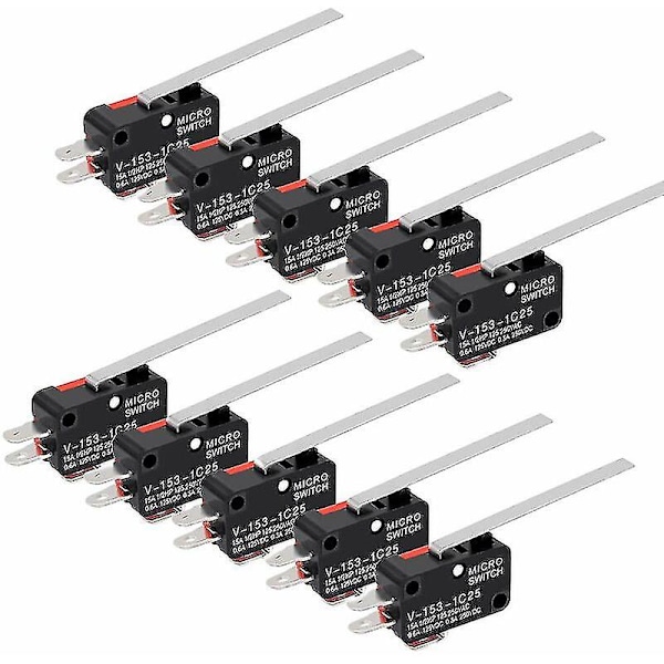 10-pack Mikrobrytare med gångjärnsspakar SPDT 1NO 1NC Momentan Lång Spak Mikrobrytare 3 Stift för