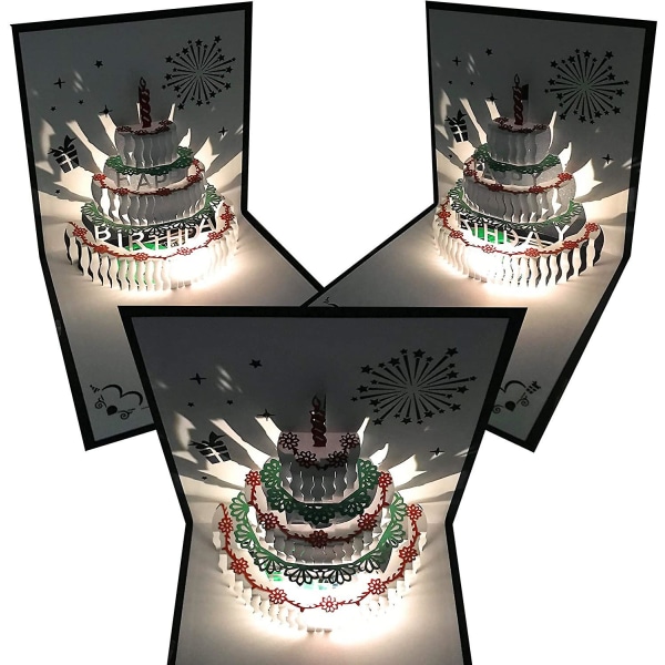 3D Pop Up -syntymäpäiväkortit, lämmin LED-valo syntymäkakku musiikki Onnea syntymäpäiväkortti