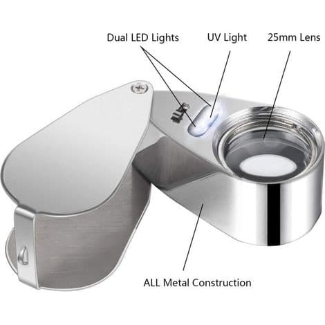 Sett med 2 40X LED UV-linse gullsmedluper, belyst, stoff for LED-valutadeteksjon, gullsmedlupe.