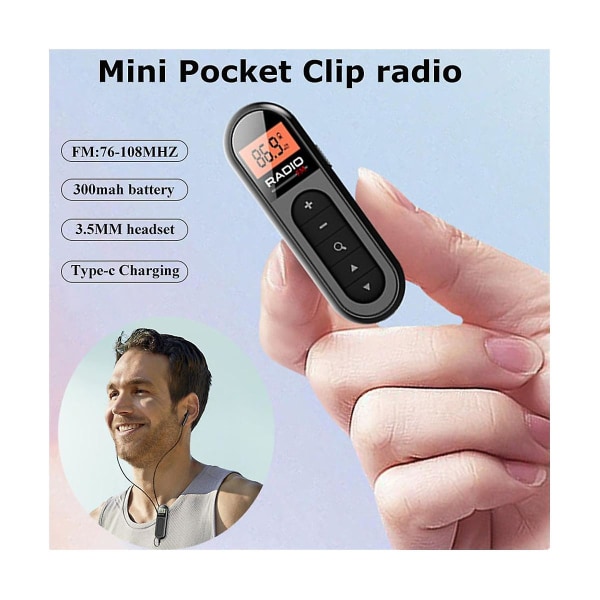 Mini fickradio FM, uppladdningsbar, bärbar 76-108MHZ radiomottagare med bakgrundsbelyst LCD-skärm, trådbundna 3,5 mm hörlurar
