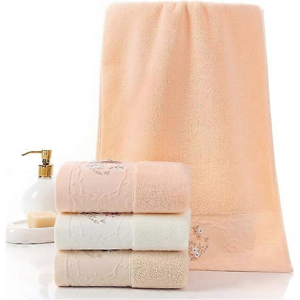 Handduksset med 2 Broderat Blommönster Bomull Absorberande Mjuk Handduk för Badrum 34*74cm (Rosa)