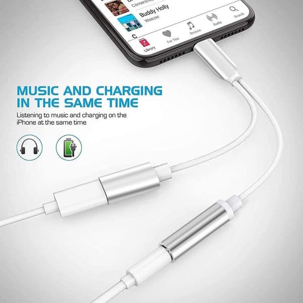 Sølv/svart Lightning-adapter, lade og 3,5 mm samtidig Y-kabel