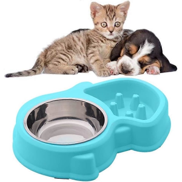 Dobbelt Vand- og Madskål 1 Skål i Rustfrit Stål og 1 Anti-Glubsk Skål til Katte og Små Hunde (Blå)