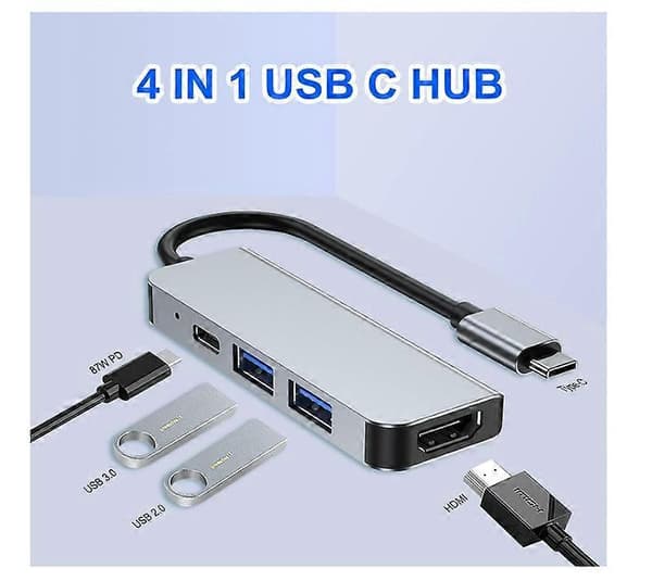 4-i-1 USB C Docking Station, USB C Hub, Adapter for MacBook, Mac Pro, Mac Mini, iMac (Grå)