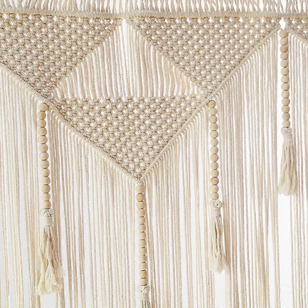 Makramé Väggbonad Boho Vävd Tapet, Beige Vit Tofsdekor Gardin Bakgrund (Träpinne Ingår Ej)