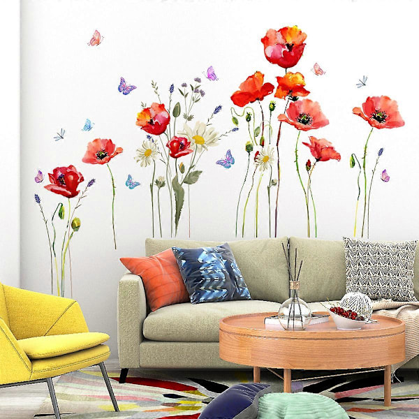 Vallmo Väggdekorationer Väggdekaler Mural Trädgårdsblomma Fjärilsdekaler för Flickors Sovrum Vardagsrum Barnrum, 30*60cm