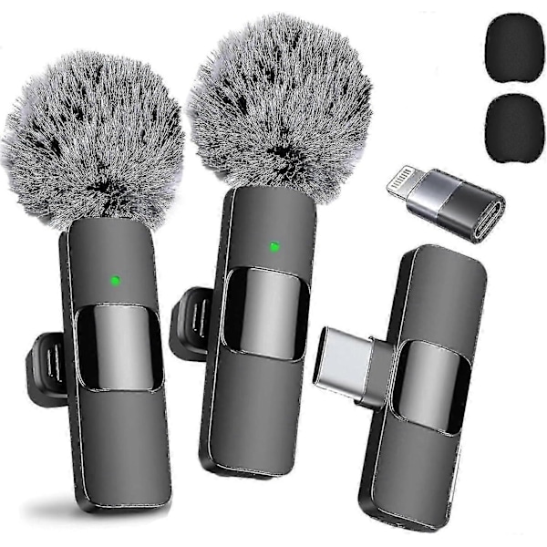 Professionell Trådlös Lavalier Mikrofon 2-pack Brusreducering Kristallklar Inspelning med USB-C för iPhone 15 Pro Max, iPad, Android, Live St - JA
