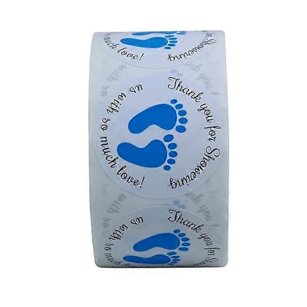 1 tomme runde Baby Shower-klistremerker, Takk for at du overøser oss med så mye kjærlighet Blått fotavtrykk Totalt 500 etiketter per rull (Blått fotavtrykk)