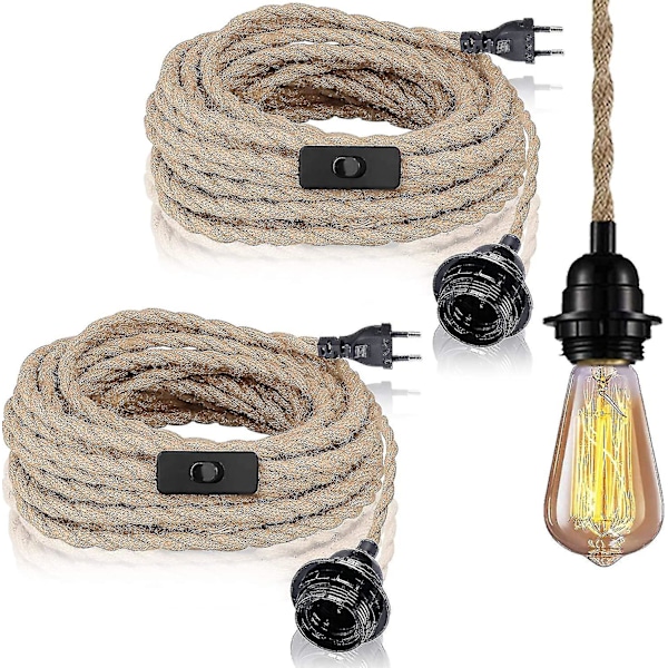 2 Pack Pendant Lights With Switch, Hemp Rope With 4.5m Cable, E27 Socket For Hall, Kitchen, Dining Table, Bar (without Bulb)