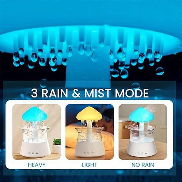 Regnsky Luftfukter Diffuser med Fjernkontroll, Vanndråpe Foss Lampe Sopp Regnlyd Hvit Støy