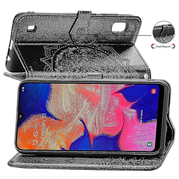 Samsung Galaxy A10 Etui Læder Wallet Cover Præget Mandala Magnetisk Flip Beskyttelse Stødsikker - Sort