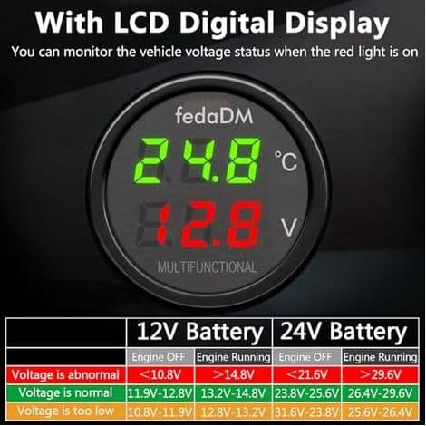 3 i 1 12V Bilvoltmeter, Cigarettænder med Digital Temperatur-/Spændingsdisplay -