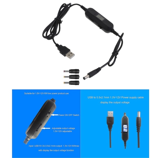 USB5V till 1,5V-12V 2,5mm/3,5mm/4,0mm/5,5mm justerbar spänningskabel med LED-skärm
