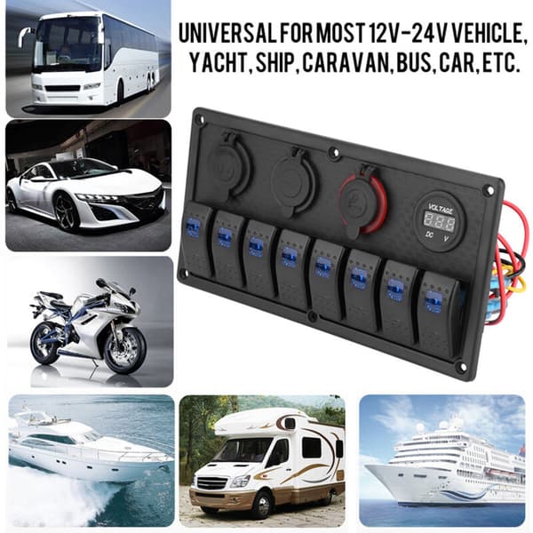 12V 24V 8-girs Bil Båt LED Vippebryter Kontrollpanel Dobbel USB Voltmeter Sigarettenner