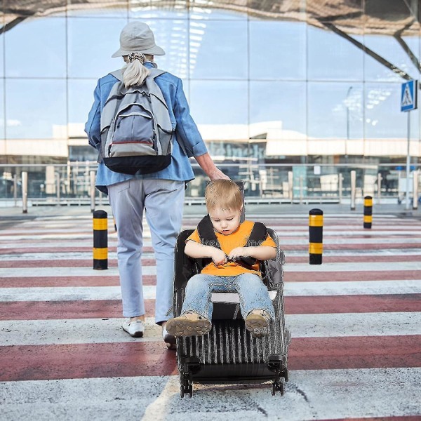Uppgraderade barn rida på resväska säte för toddler, bärbar barn resesäte bära på bagage med säkerhetsbälte, fria händer för flygplatsen