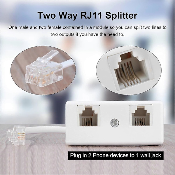 Tovejs Telefon Splittere, RJ11 6P4C Kabel Telefon Væg Adapter og Splitter, Han til 2 Hun Konverter til Fastnet (Hvid, 2 Pak)