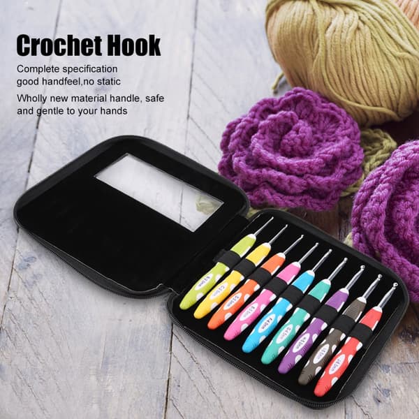 Crochet Hook Set - 9 Pcs Ergonomic Needle Tools with Smooth Plastic Handles and Aluminum Hooks #1