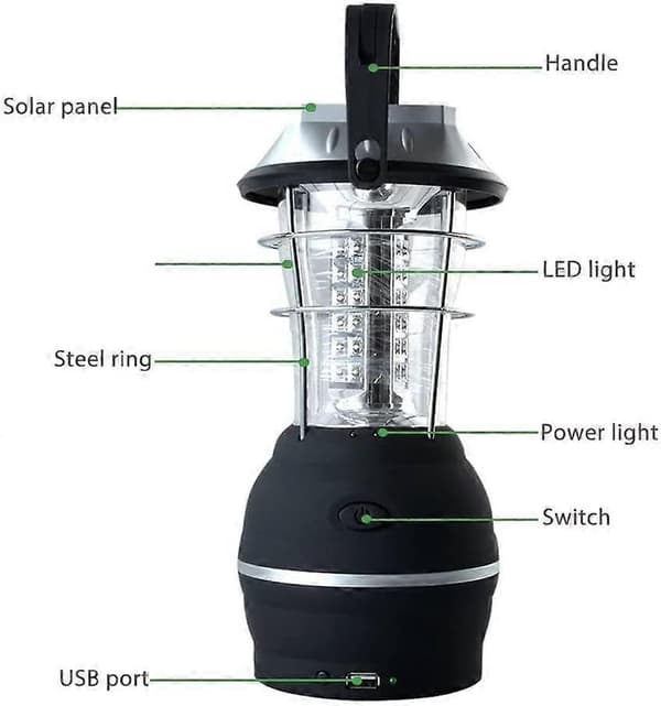 Solcellelampe, Super Lys LED Campinglampe, 2 Justerbare Lysindstillinger, 5 Opladningsmetoder, med Håndsving Generator