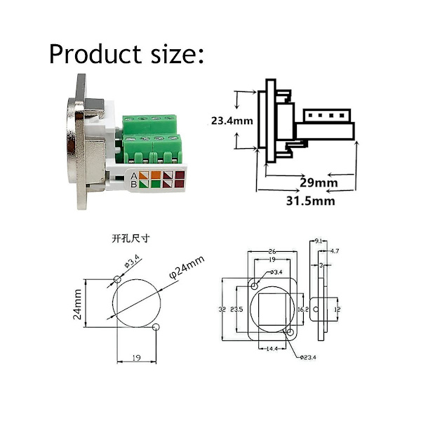 RJ45 Panelmontert Skrueklemmeadapter, RJ45/8P8C Panelmontert Kontakt, D-type RJ45 Hunn Loddekontakt