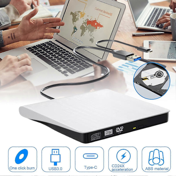 Ulkoinen DVD-asema, kannettava, nopea luku- ja kirjoitus, yhden napsautuksen poltto, uudelleenkirjoitettava Type-C USB 3.0 DVD/VCD/CD-RW-poltin, kirjoitin, soitin, tietokone