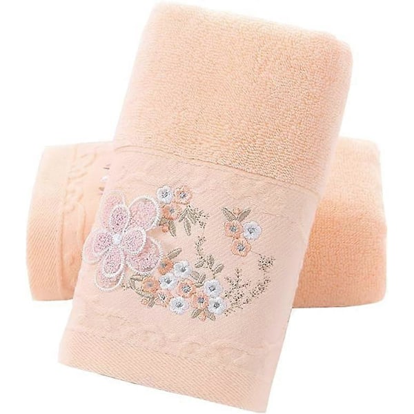 Handduksset med 2 Broderat Blommönster Bomull Absorberande Mjuk Handduk för Badrum 34*74cm (Rosa)