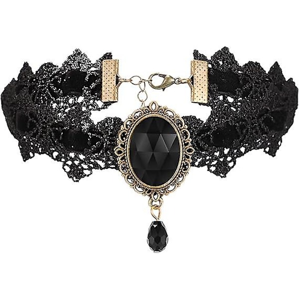 Svart Krage Gotisk Spets Halsband Rhinestone Hals Punk Spets Halsband Vampyr Knytning Tårehänge