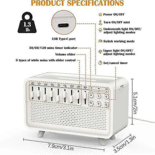 Smart White Noise Maskine med Bluetooth & Natlys, Echo Flame Aroma Diffuser Søvnhjælp Lydmaskine