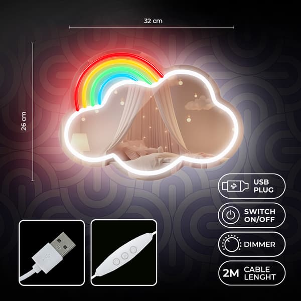 LED Neon Spegelbelysning med Dimmer - Moln med Regnbåge