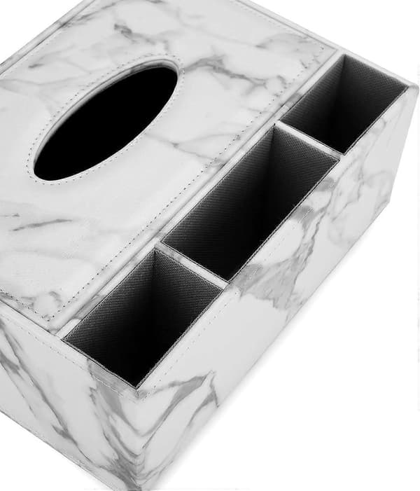 Rektangulär Tissue Box i Konstläder med Fjärrkontroll (Vit Marmor)