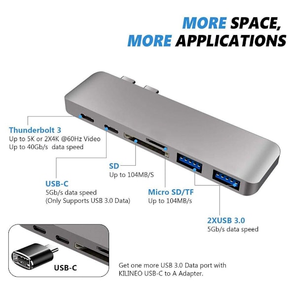 USB C Hub Thunderbolt 6 i 1 med 2x USB C Hanar
