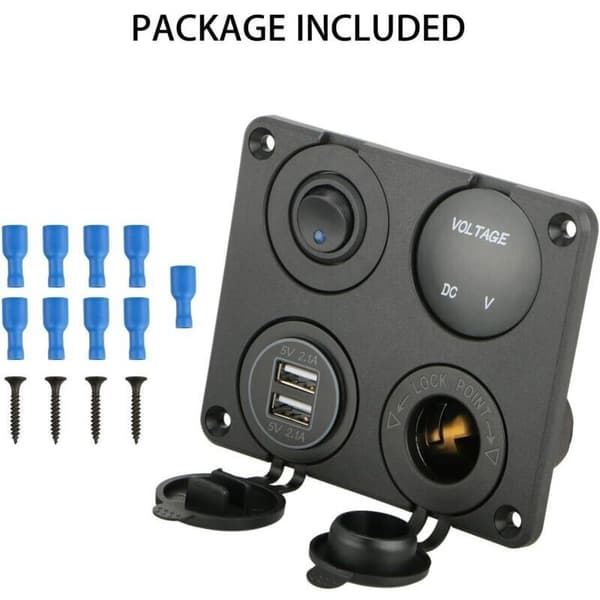 4 i 1 Opladerstikpanel, 12V 4.2A Dobbelt USB Opladerstik Strømstik & LED Voltmeter - blå