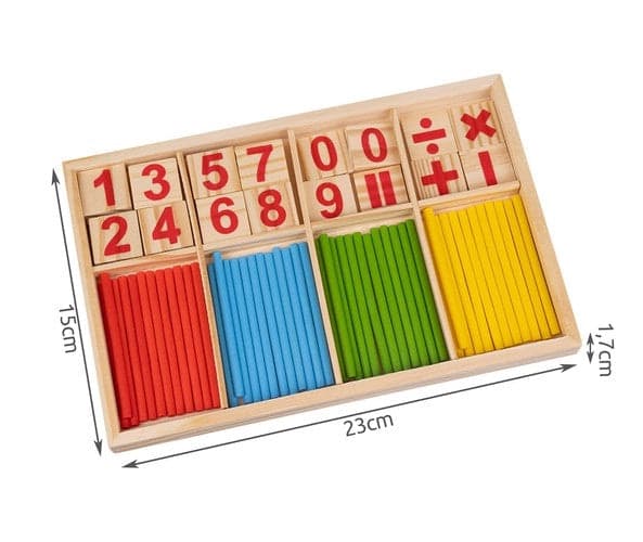 Puispuikot 48 kpl numero- ja matematiikkalohkoilla puulaatikossa