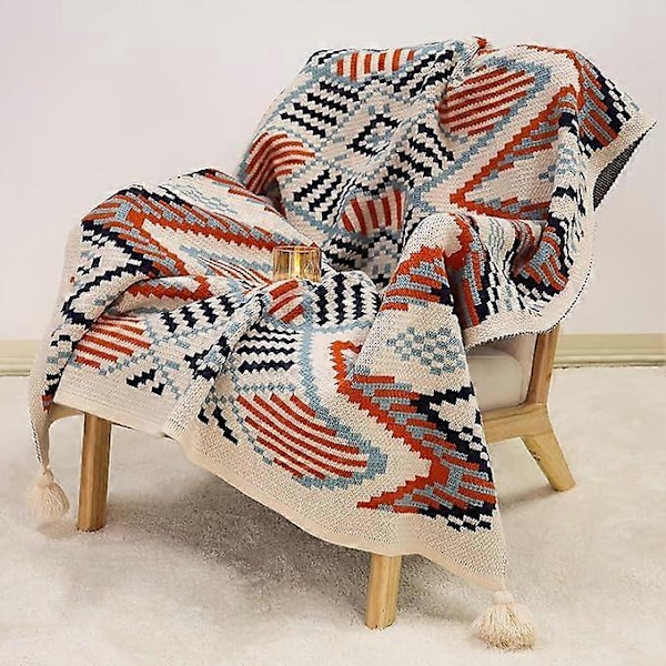 130*170cm Boho Plaider, Bondegårdsindretningstæppe med dekorative kvaster Blød, holdbar strikket plaid til brug hele sæsonen - Perfekt til Livin