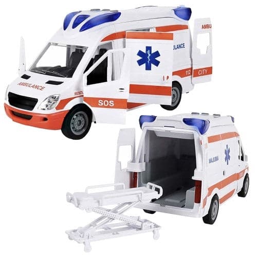 Legetøjsambulance 25 cm med lys/lyd, døre der kan åbnes, båre + 2xAA