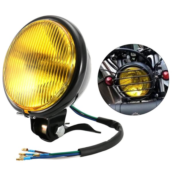 Retro Black Shell Motorcycle Headlight with Yellow Glass