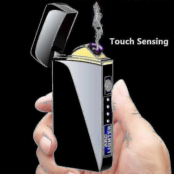 Elektrisk Vindtæt Metal Lighter Dobbelt Bue Flammeløs Plasma Genopladelig USB Lighter LED Strømvisning Berøringsfølsom Lighter Sort
