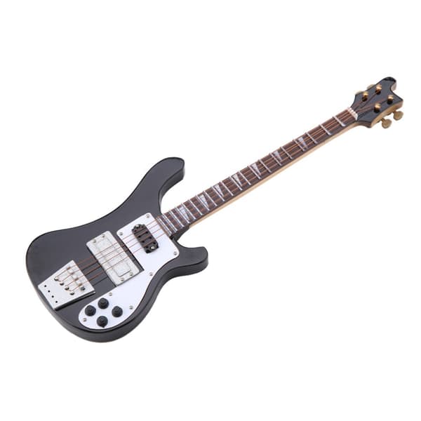Miniature sort basguitar replika med stativ og etui - perfekt gave til musikelskere