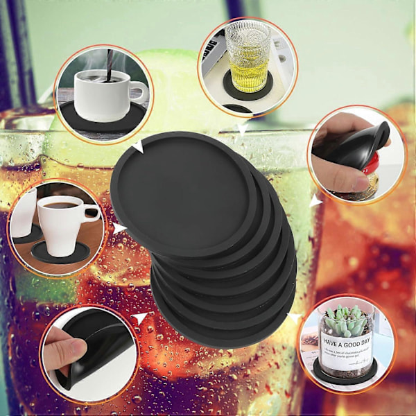 Tykke Design (0,5 cm) Runde Kandeunderlag Sæt af 8, Silikonunderlag til Drikkevarer, Kaffeunderlag Øl Barmåtte (Sort)